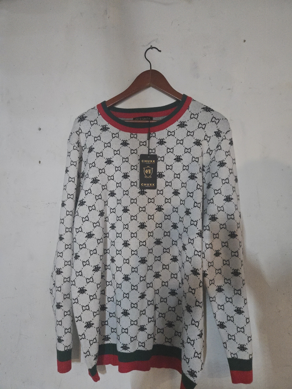 Men's White Patterned Knit Sweater with Red & Green Trim